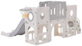 Tobogan Multifuncțional 6-în-1 pentru Copii cu Rampă, Platformă Dublă, Dulapuri, Coș de Baschet și Scară, din Polietilenă de Înaltă Densitate, 174x150x95 cm - Tobogan de Grădină pentru Copii, Gri+Alb