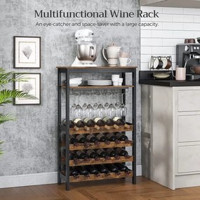 Raft De Depozitare Cu Blat Si Suport Pentru Sticle, Maro Rustic Si Negru, 26 Cm