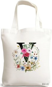 Sacosa de Panza pentru Cumparaturi, Geanta Tote, Cu litera V in Coronita Florala, 38x34.5 cm, Alba, BEKZ®