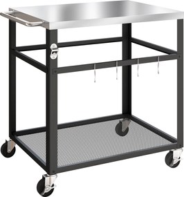 Outsunny Troller pentru Grătar de Exterior cu Blat din Oțel Inoxidabil, 4 Cârlige, Mâner și Roți Blocabile, Negru | Aosom Romania