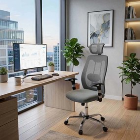 Scaun ergonomic OFF 988 gri, tetieră și suport lombar reglabil