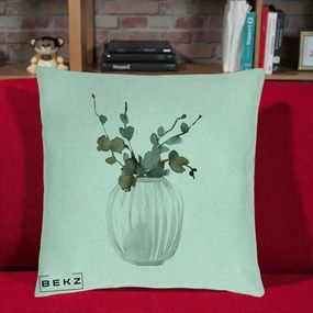 Perna Decorativa Vaza cu Eucalipt Watercolor, 40x40 cm, Verde Menta, Husa Detasabila, Perna Inclusa, BEKZ®