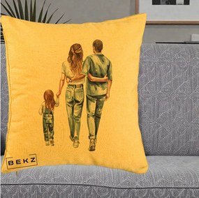Cadou pentru Familie - Perna Personalizata Familie Acuarela Jeans, 40x40 cm, Galben, Husa Detasabila, Perna Inclusa, BEKZ®