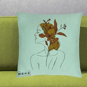 Perna Decorativa Portret Feminin Crin Ruginiu Auriu, 40x40 cm, Verde Menta, Husa Detasabila, Perna Inclusa, BEKZ®