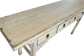 Consolă hol vintage din lemn de ulm, crem, cu 4 sertare, mânere cu inel și colțare decupate, 85 x 178 x 38 cm, „Harmony”