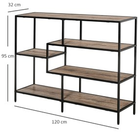 HOMCOM Raft Biblioteca din Lemn Culoare Stejar cu 5 Rafturi, Sistem Controlul Stabilitatii, Cadru din Metal Negru 120x32x95cm | Aosom Romania