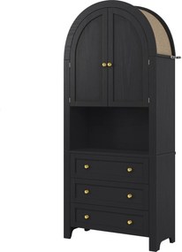 Dulap de depozitare înalt cu arc, cu 3 sertare, uși și compartiment deschis pentru expunere, pentru bucătărie și living, 70x35x180 cm, Negru