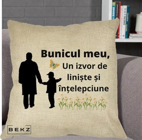 Cadou pentru Bunic - Perna Personalizata Bunicul Meu Izvor de Liniste cu Fluture si Baietel, 40x40 cm, Crem, Husa Detasabila, Perna Inclusa, BEKZ®