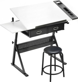 HOMCOM Masă de desen cu taburet și 2 sertare, înălțime reglabilă, blat înclinabil 0° à 60°, 120 x 60 x 68-92 cm, alb | Aosom Romania