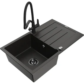 Mexen Bruno chiuvetă de granit cu o cuvă și picurător și baterie de bucătărie Duo, negru/auriu metalic - 6513-75-671701-70-B