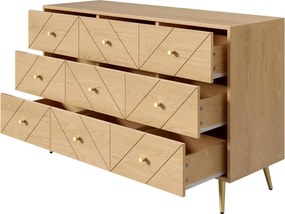 Comodă cu 9 sertare, cu mult spațiu de depozitare, modele geometrice, 120x39x80 cm, Culoare naturală