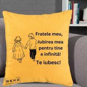 Cadou pentru Frate - Perna Personalizata Fratele Meu Te Iubesc Copii Tinand Maini Varianta 2, 40x40 cm, Galben, Husa Detasabila, Perna Inclusa, BEKZ®