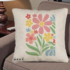 Perna Decorativa Flori Grafice Roz Pastel, 40x40 cm, Bej Canapea, Husa Detasabila, Perna Inclusa, BEKZ®