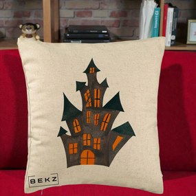 Perna Decorativa Halloween Casa Bantuita Minimalista, 40x40 cm, Bej, Husa Detasabila, Perna Inclusa, BEKZ®