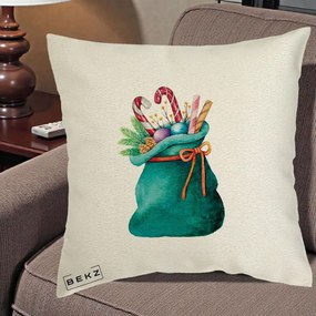 Perna Decorativa Saculet Cadouri Mos Craciun Acuarela Verde, 40x40 cm, Ecru, Husa Detasabila, Perna Inclusa, BEKZ®