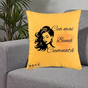Cadou pentru Cumnata - Perna Personalizata Cea mai Buna Cumnata cu Silueta Dama si Pete Roz, 40x40 cm, Galben, Husa Detasabila, Perna Inclusa, BEKZ®