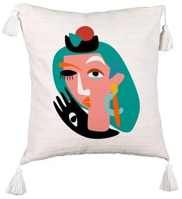 Perna Decorativa cu Franjuri, Model Picasso style, 45x45 cm, Ecru, Cu fermoar
