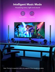 Set 2 Smart LED lampi gamer Govee RGBIC H6047, 24 W, Segmente de culoare adresabile, Wi-Fi, Bluetooth, Govee Home, Negru