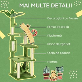 PawHut Copac Pisici 142cm cu Hamac Stâlp Zgârieturi Minge Verde 49x49x142cm | Aosom Romania