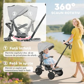AIYAPLAY Tricicletă Copii 6 în 1, Cărucior și Bicicletă, 1-5 Ani, Max. 25 kg, Pliabilă cu Scaun Rotativ, Copertină, Gri | Aosom Romania