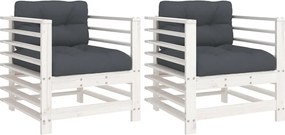 vidaXL Scaune de grădină cu perne, 2 buc., alb, lemn masiv de pin