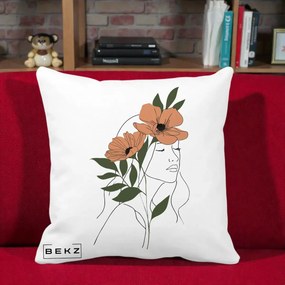Perna Decorativa Portret Feminin Doua Maci Terracotta, 40x40 cm, Alba Mata, Husa Detasabila, Perna Inclusa, BEKZ®