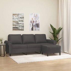 3153620 vidaXL Canapea cu 3 locuri și taburet, gri, 180 cm, piele ecologică