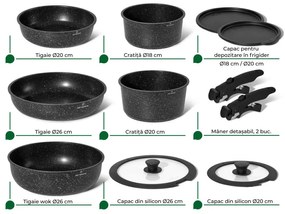 Set de oale si tigai Just Perfecto JL-998, 11 piese, Finisaj marmura, Inductie, 2 manere detasabile, Negru