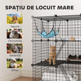PawHut Cușcă pentru Pisici 105 cm de Interior, Recinto din Oțel cu 3 Uși, Design Personalizabil DIY pentru Pisoi, Spațiu pe 3 Niveluri cu Scări, Hamac și Platformă, Negru | Aosom Romania