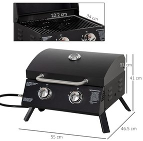 Gratar pe gaz cu 2 arzatoare Outsunny, portabil pliabil, termometru, otel carbon, Negru | Aosom Romania