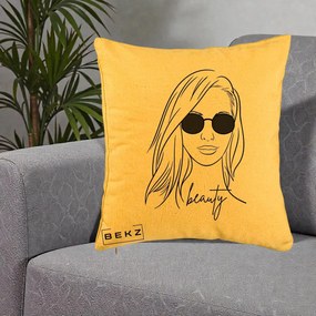 Perna Decorativa Beauty Girl Line Art, 40x40 cm, Galben, Husa Detasabila, Perna Inclusa, BEKZ®