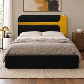 Pat tapițat Isadora 140×200 cm, negru + muștar, cu ladă de depozitare