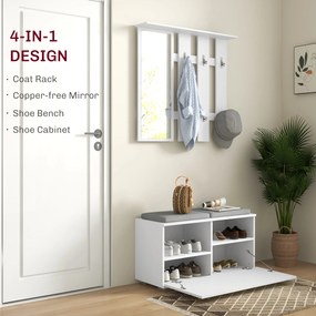 HOMCOM Set de Depozitare pentru Hol 4-în-1, Cuiere, Oglindă, Bancă pentru Încălțăminte cu Scaun, 85x35x49 cm, Alb | Aosom Romania