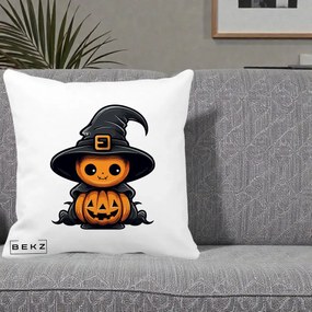 Perna Decorativa Halloween Dovleac Vrajitor Kawaii, 40x40 cm, Alba Mata, Husa Detasabila, Perna Inclusa, BEKZ®