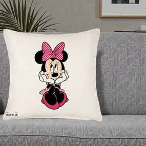 Perna Personalizata Minnie Mouse cu Fundita, 40x40 cm, Crem Reliefat, Husa Detasabila, Perna Inclusa, BEKZ®