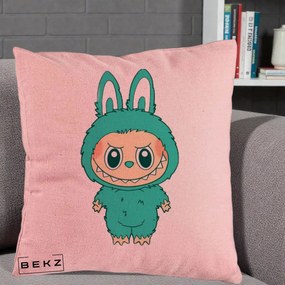 Perna Personalizata Labubu Turcoaz, 40x40 cm, Roz, Husa Detasabila, Perna Inclusa, BEKZ®