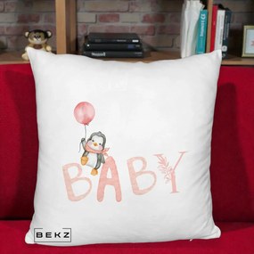 Perna Personalizata Baby Pinguin Roz, 40x40 cm, Alb Pufos, Husa Detasabila, Perna Inclusa, BEKZ®