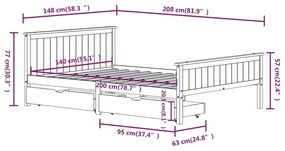 Cadru pat cu 2 sertare, alb, 140x200 cm, lemn masiv pin Alb, 140 x 200 cm, 2 Sertare