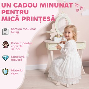AIYAPLAY Set Masă de Toaletă pentru Copii cu Oglindă și Scaunel, 7 Accesorii de Joc, Sertar, Depozitare pe Birou, Roz | Aosom Romania