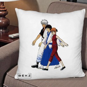 Perna Personalizata Gintama Trio Gintoki Shinpachi Kagura, 40x40 cm, Alb Pufos, Husa Detasabila, Perna Inclusa, BEKZ®