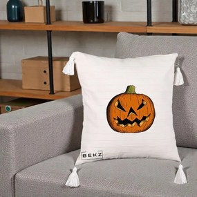 Perna Decorativa Halloween Dovleac Portocaliu Clasic, 40x40 cm, Bej cu Franjuri, Husa Detasabila, Perna Inclusa, BEKZ®
