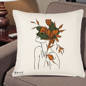Perna Decorativa Portret Feminin Crin Auriu, 40x40 cm, Crem Reliefat, Husa Detasabila, Perna Inclusa, BEKZ®