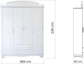 Dulap lemn masiv alb 4 Uși Elizabeth, 189 × 60 × 236 cm
