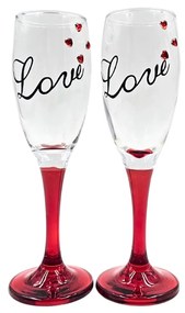 Set 2 pahare, de șampanie, cu inimioare, bază roșie, mesaj Love, 20 cm