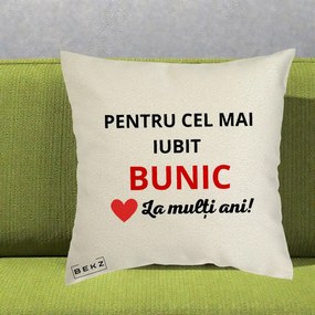 Cadou pentru Bunic - Perna Personalizata Pentru Cel Mai Iubit Bunic La Multi Ani Rosu, 40x40 cm, Ecru, Husa Detasabila, Perna Inclusa, BEKZ®