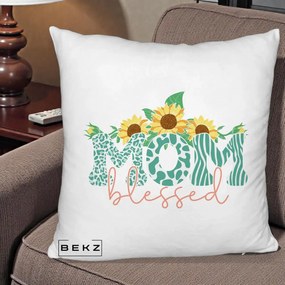 Cadou pentru Mama - Perna Personalizata Mom Blessed cu Floarea Soarelui Animal Print Teal, 40x40 cm, Alb Pufos, Husa Detasabila, Perna Inclusa, BEKZ®