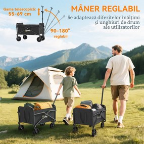 Outsunny Cărucior de Grădină Pliabil Compact, Cărucior Robust Multifuncțional pentru Exterior cu Roți Universale și Mâner Reglabil, pentru Sport, Camping, Cumpărături, Negru | Aosom Romania