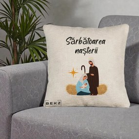 Perna Decorativa Nasterea Domnului Sfanta Familie Sarbatoarea Nasterii, 40x40 cm, Bej Canapea, Husa Detasabila, Perna Inclusa, BEKZ®