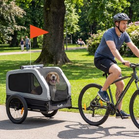 PawHut Remorcă pliabilă pentru bicicletă pentru câini de talie medie până la 20 kg cu rampă rabatabilă, reflectoare, lesă, steguleț, Gri | Aosom Romania