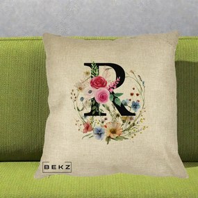 Cadou Personalizat - Perna Personalizata Monogram Litera R cu Flori Acuarela, 40x40 cm, Crem, Husa Detasabila, Perna Inclusa, BEKZ®